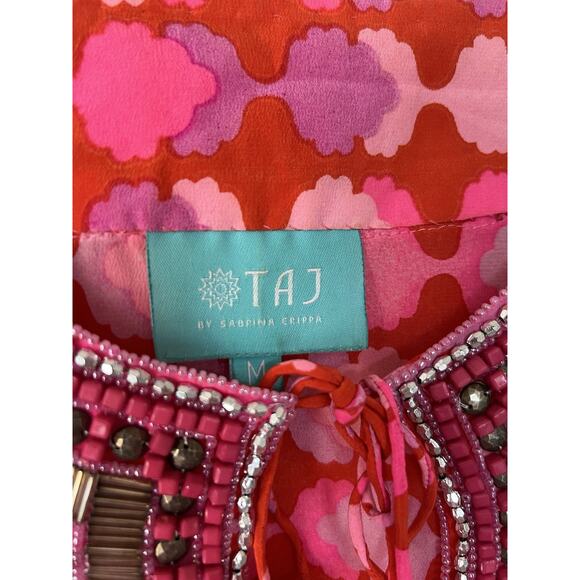 Taj by Sabrina Crippa Beaded Abstract Pink Silk Blouse Top Medium NWOT - Picture 2 of 12